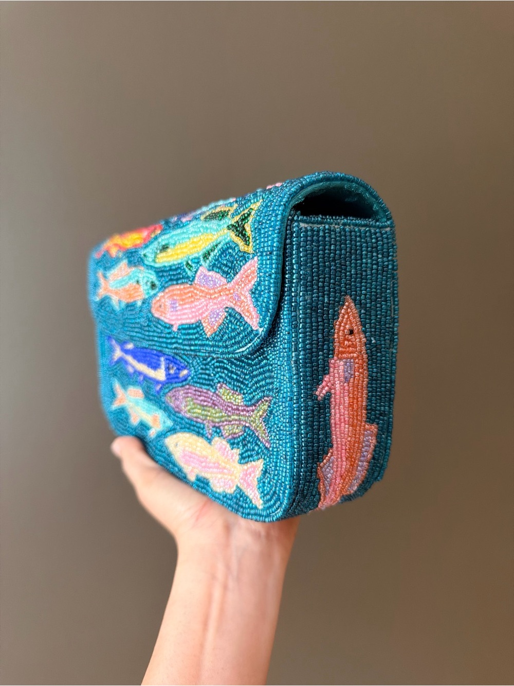 Hand-Beaded Fish Clutch in Teal with Multi-Color Fish Motif - Picture 2 of 8